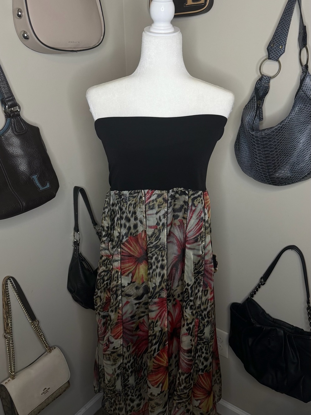 2-in-1 VTG Conrad C Floral/Animal Print Midi Skirt/Strapless Dress - Size M
